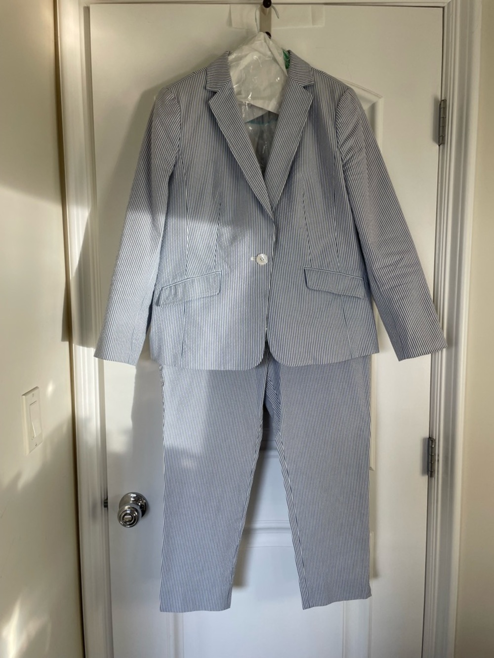 Striped Seersucker Suit Jacket & Pants in Light Blue and White